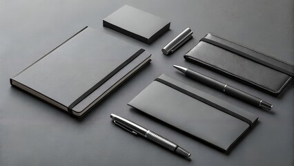 Modern business stationery set with notebooks and pens on a dark background