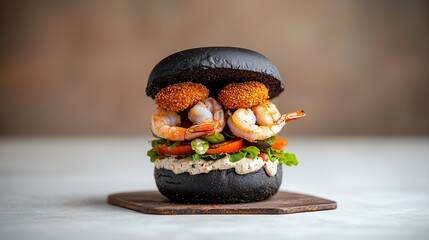Gourmet black bun burger with shrimp and crispy balls