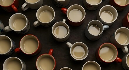 Coffee, Tea, Mugs, Overhead View of Many Mugs of Coffee or Tea on Dark Wood Table