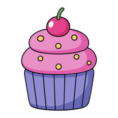 Pink cupcake with cherry cartoon illustration isolated on white background