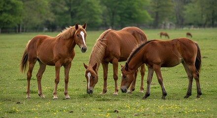 Obraz premium Horse, Horses, Chestnut horse, Three Chestnut Horses Grazing in a Green Pasture