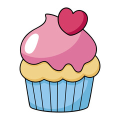 Cute pink cupcake with heart topping and pastel icing isolated on white background