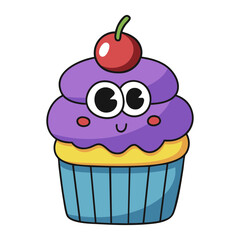 Cute purple cupcake with cherry and big eyes isolated on white background