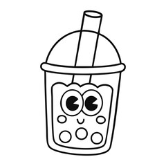 Cute bubble tea coloring page with happy face isolated on white background