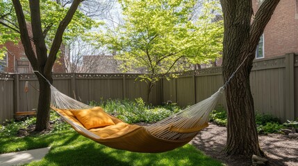 Hammock with yellow pillow hangs between trees in a green sunny backyard garden