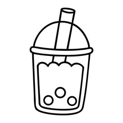 Bubble tea coloring page line art with straw and tapioca balls isolated on white background