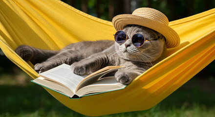 Cool cat relaxing in hammock reading a book ultimate summer vibes