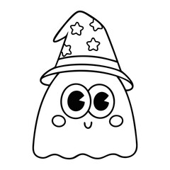 Cute ghost with wizard hat coloring page line art for kids isolated on white background