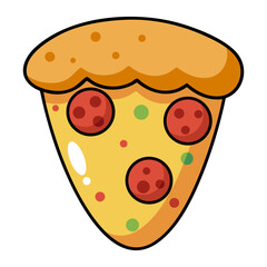 Cartoon slice of pepperoni pizza with cheese and toppings isolated on white background