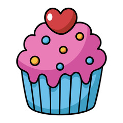 Colorful cupcake with pink frosting, candy sprinkles, and heart topping isolated on white background