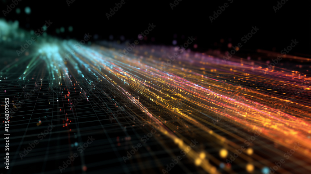 Aufkleber Colorful data streams visualized as glowing light beams flow across dark digital grid, creating dynamic, futuristic mood