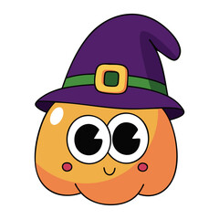 Cute pumpkin cartoon character with witch hat and big eyes isolated on white background