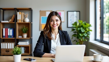 a young woman is seated at a desk in an office space, working on her laptop. she has a professional look, wearing business attire and holding a pen