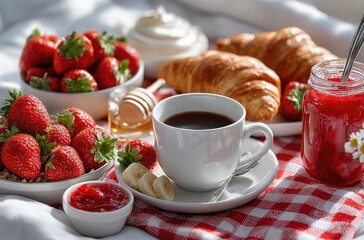 An array of fresh breakfast items, including strawberries, kiwi, and croissants, arranged on a white background.