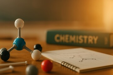Plastic molecular model placed on a desk next to notebook with molecule sketch and chemistry textbook used for science education