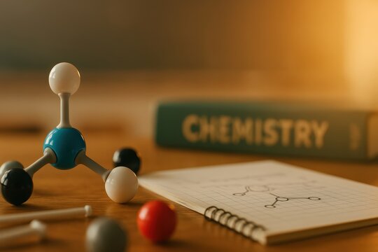 Plastic molecular model placed on a desk next to notebook with molecule sketch and chemistry textbook used for science education