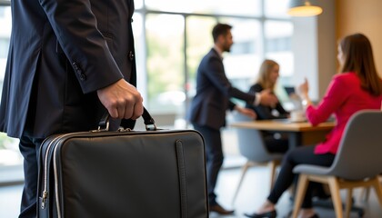 a professional setting with a businessman in a suit carrying a briefcase, standing next to colleagues seated at a table in what appears to be a modern office environment