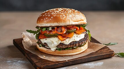 Gourmet burger with roasted peppers, melted cheese, and fresh arugula
