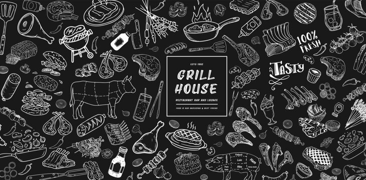 Vintage restaurant menu, hand drawn food on a chalkboard.