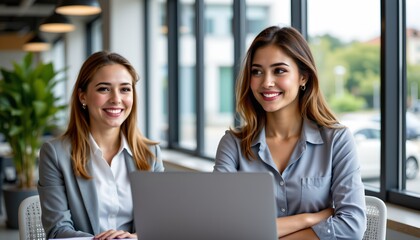 two women sitting in an office environment. they are dressed professionally and appear to be engaged in a meeting or discussion