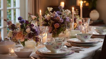 Elegant English dining tables styled with flickering candlelight, floral centrepieces, crystal glassware and richly layered plates, capturing the warmth of evening gatherings at home, wedding or event