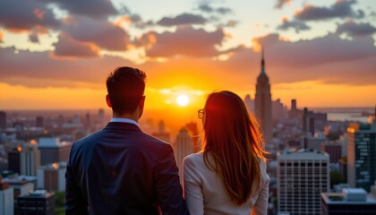 a couple stands close together, gazing at the sunset with city silhouettes in the distance. they are looking over their shoulders toward each other and the camera
