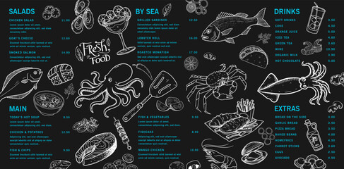 Seafood flavor enriched with hand-drawn details. Restaurant and seaside cafe menu, complete with various seafood.
