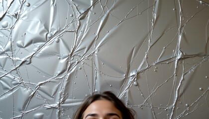 a person standing next to a wall adorned with metallic foil panels that create an abstract, shiny backdrop
