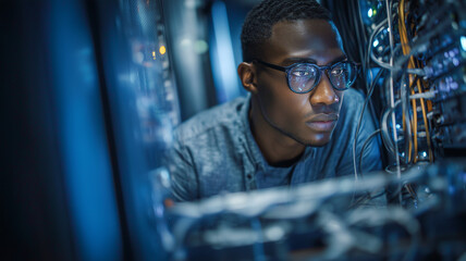 IT professional server data center network cable technology security focused male glasses African descent installing software