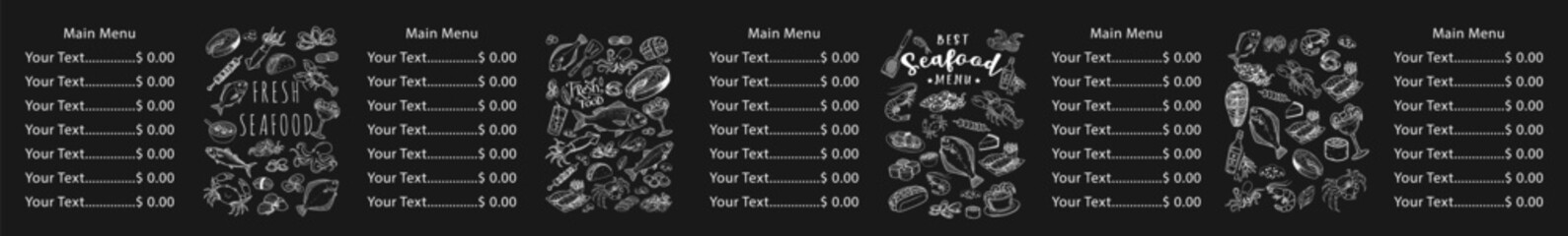 Hand-drawn seafood flavor. Restaurant menu complete with shrimps, salmon, mussels, oysters and calamari.
