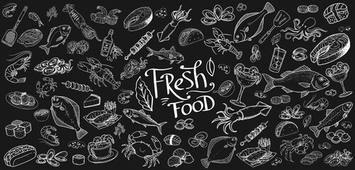 Hand drawn seafood design for restaurant and sea cafe menu.