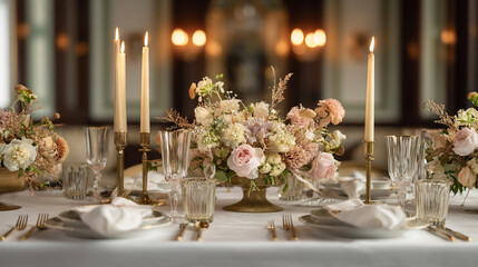 Elegant English dining tables styled with flickering candlelight, floral centrepieces, crystal glassware and richly layered plates, capturing the warmth of evening gatherings at home, wedding or event