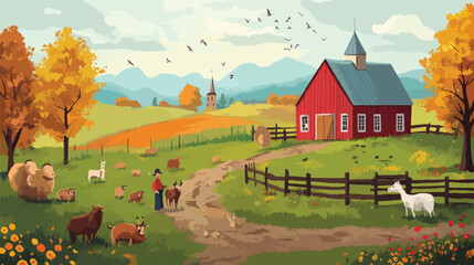 Rural Landscape with Barn, Tractor, and Livestock