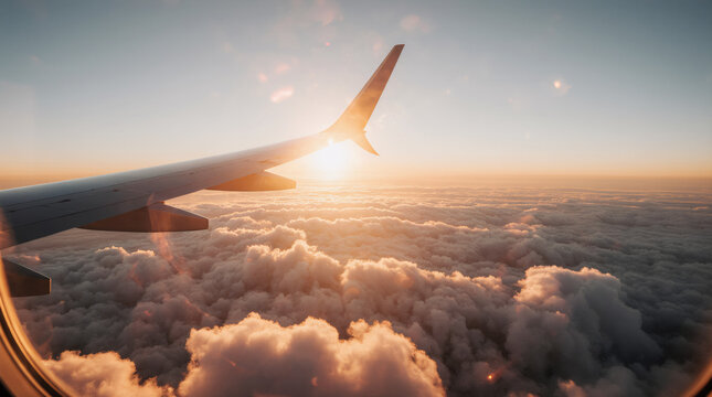 Airplane flying low over foggy mountains, view from plane window of plane wing and sky sunrise