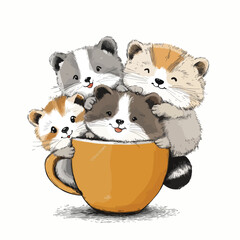 Whimsical Raccoon Family in a Yellow Mug