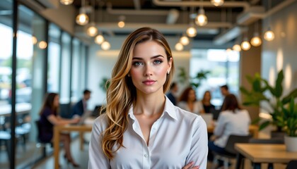 a woman in an office environment. she appears to be standing confidently with her hands clasped together