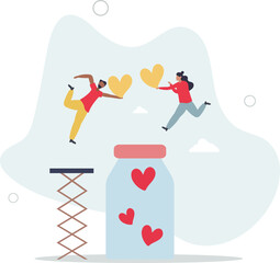 Cartoon tiny people holding hearts to throw into donation glass jar . character life .