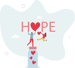 Cartoon tiny people holding hearts to throw into donation glass jar near Hope word. character life .