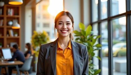 a woman sitting at a desk inside what appears to be an office building. she is dressed in business attire with a light orange shirt, dark pants, and a matching blazer