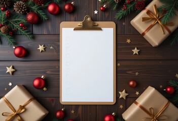Christmas clipboard with checklist surrounded by festive decorations and gifts.