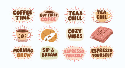 A charming set of 12 coffee & tea graphics with phrases like "COFFEE TIME" & "COZY VIBES," plus icons of cups, croissants, & waffles.. Ideal for cafes, food blogs, & lifestyle.