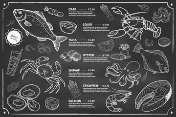 A usable restaurant menu designed with hand-drawn shrimp, various fish, mussel illustrations.
