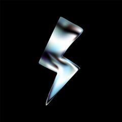 Chrome 3D thunderbolt lightning icon in Y2K style. Metallic silver arrow with electric flash and shock effect. Glossy holographic render with futuristic energy. Vector design on dark background.