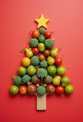 Creative Christmas tree made of fruits and vegetables on red background.