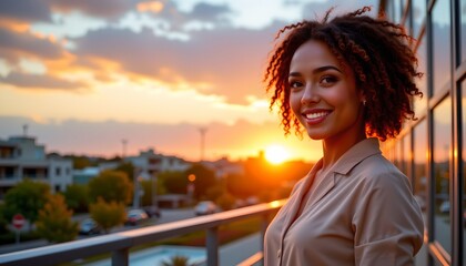 a person with curly hair is standing outdoors, likely at sunset, given the warm lighting