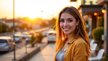 a moment of a woman standing outdoors during sunset. she is dressed casually in a denim jacket and has long hair. the background shows vehicles and buildings, suggesting an urban setting