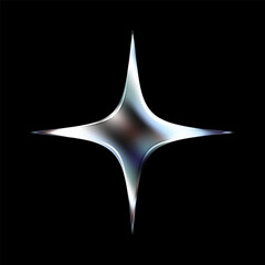 3D chrome star in Y2K aesthetic. Glossy silver metallic shape with holographic sparkle and fluid shine. Futuristic vector icon with abstract burst effect and cosmic twinkle on black background.