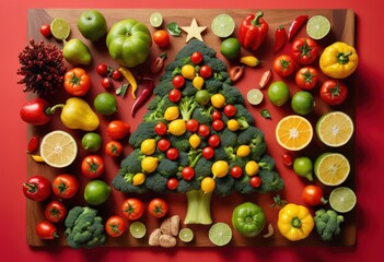 Christmas tree made of broccoli with fruits and vegetables on red background.