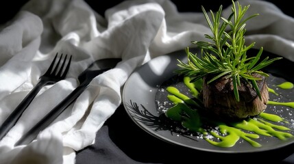 Gourmet steak dinner, beautifully plated with rosemary garnish and green sauce
