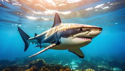 a shark swimming in the blue sea